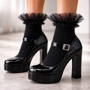 NEW MeMoi Confetti Tulle Ruffle Crew Socks Black 9-11